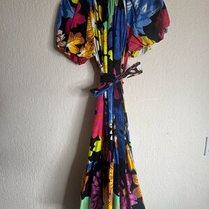 Christopher John Rogers Black and Blue Puff Sleeve Sundress